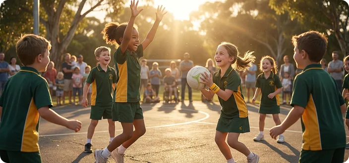 Kids playing netball during a community session supported by Harvest Hoops