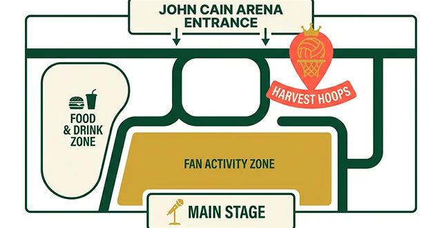 Map showing the Harvest Hoops location in the fan zone near John Cain Arena entrance
