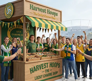 Harvest Hoops lucky charms stand near John Cain Arena